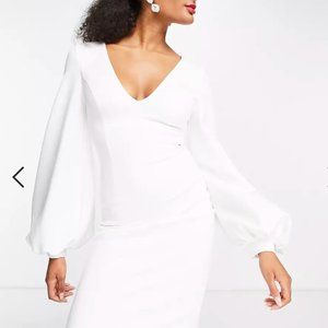 True Violet plunge balloon sleeve midi dress in ivory - rehearsal dinner!